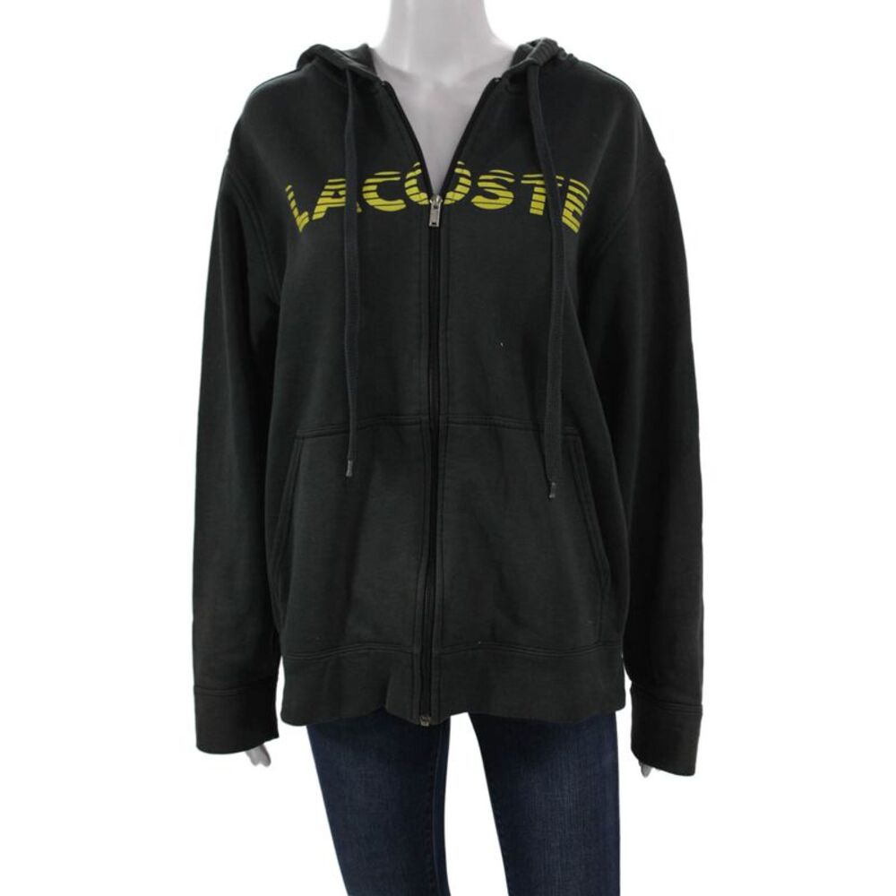 Lacoste Unisex Adults Full Zip Hoodie Black Cotton V-Neck Long Sleeve Size 5